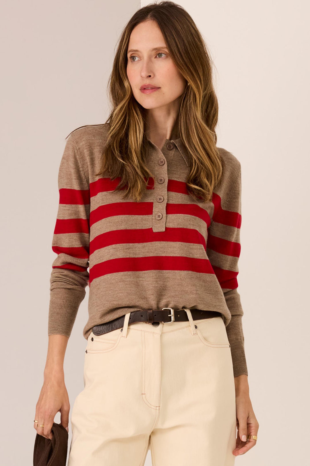 Meira Stripe Polo Knit in Cedar/Red