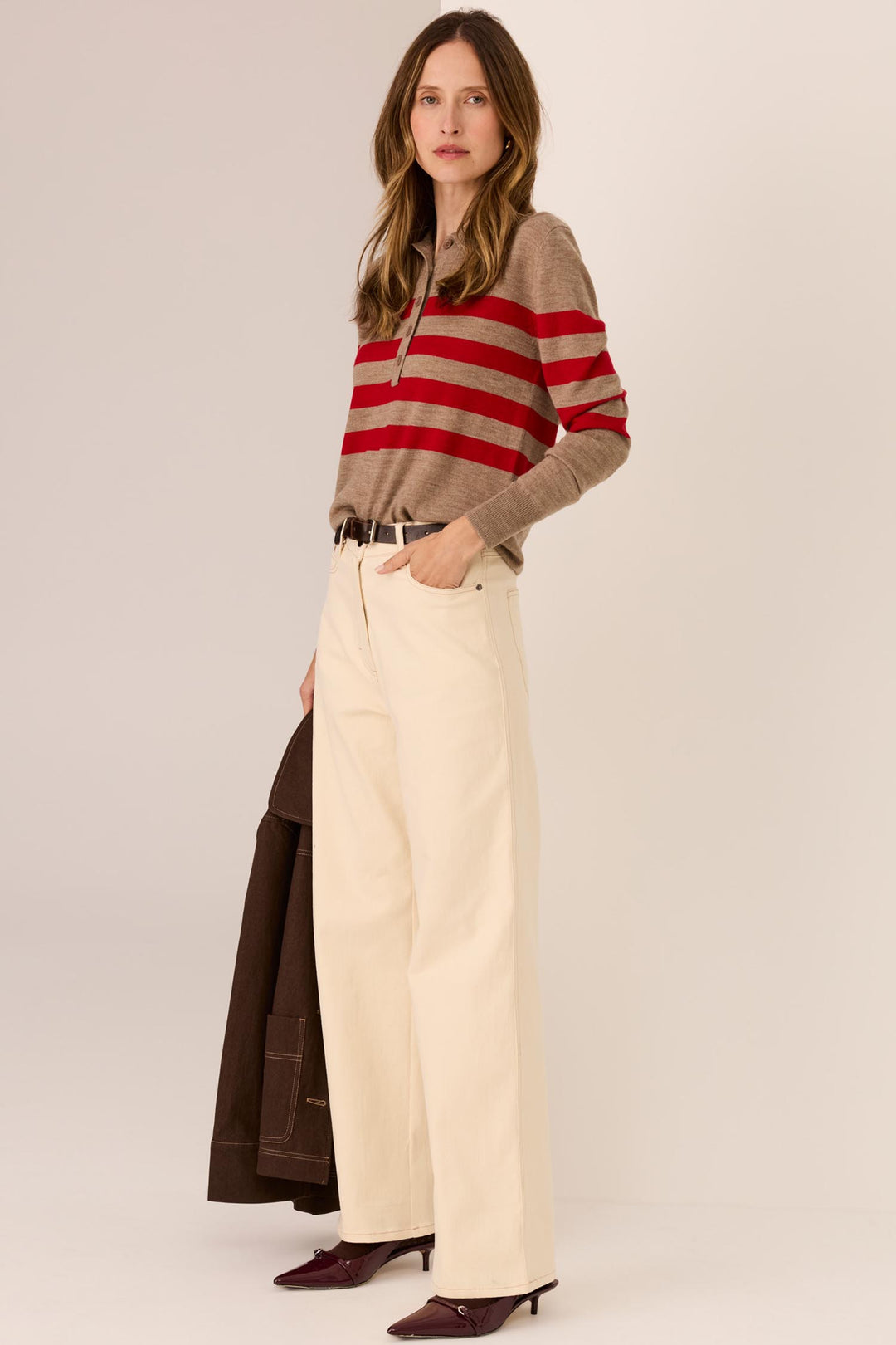 Meira Stripe Polo Knit in Cedar/Red