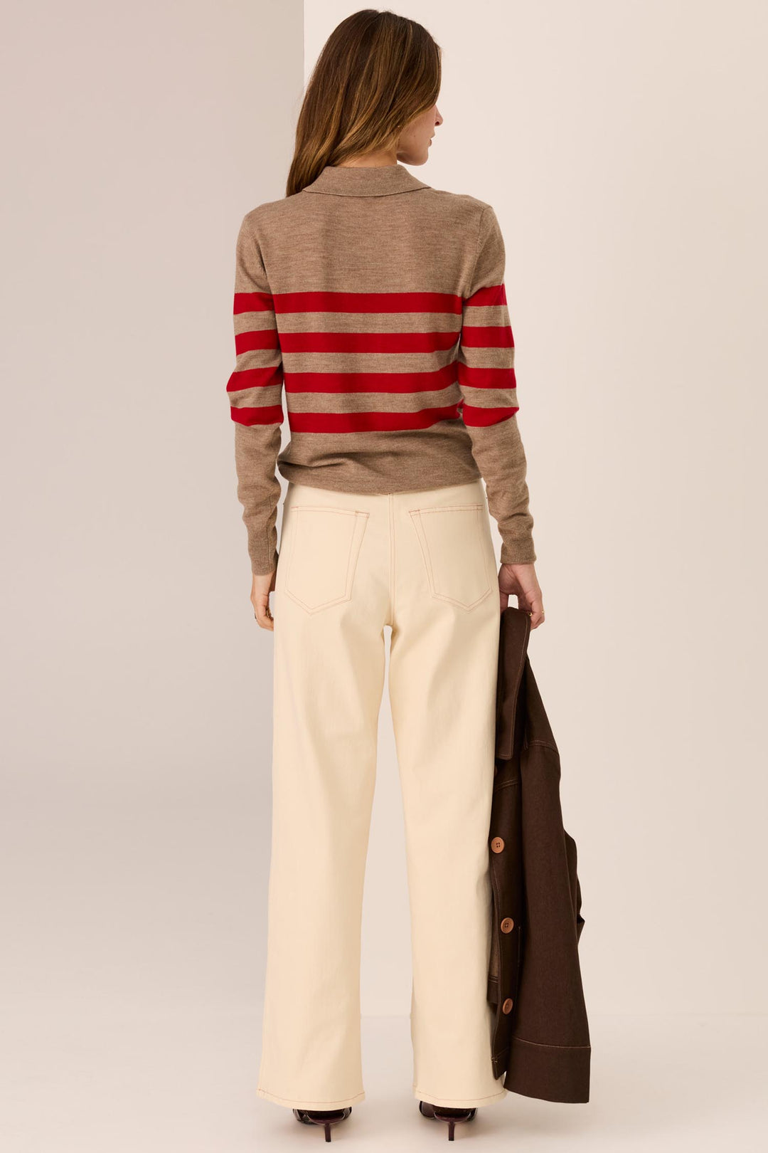 Meira Stripe Polo Knit in Cedar/Red