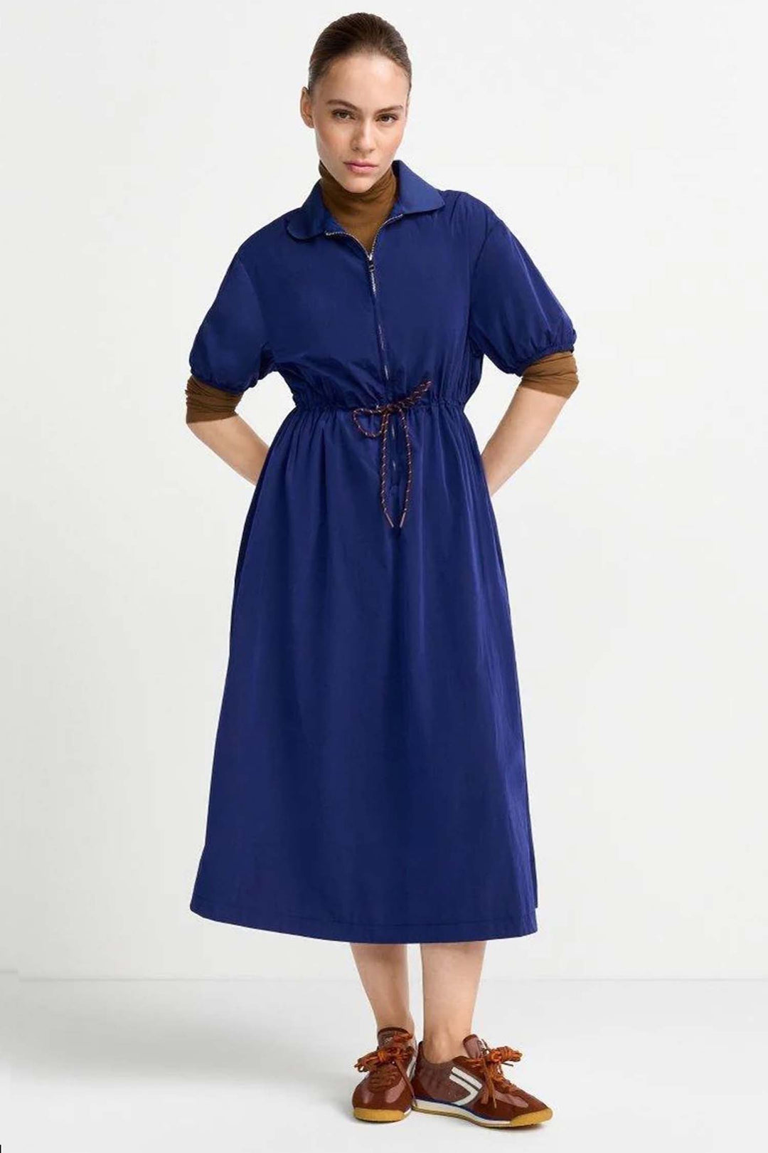 Midi Dress with Drawstring Waist in Midnight Blue