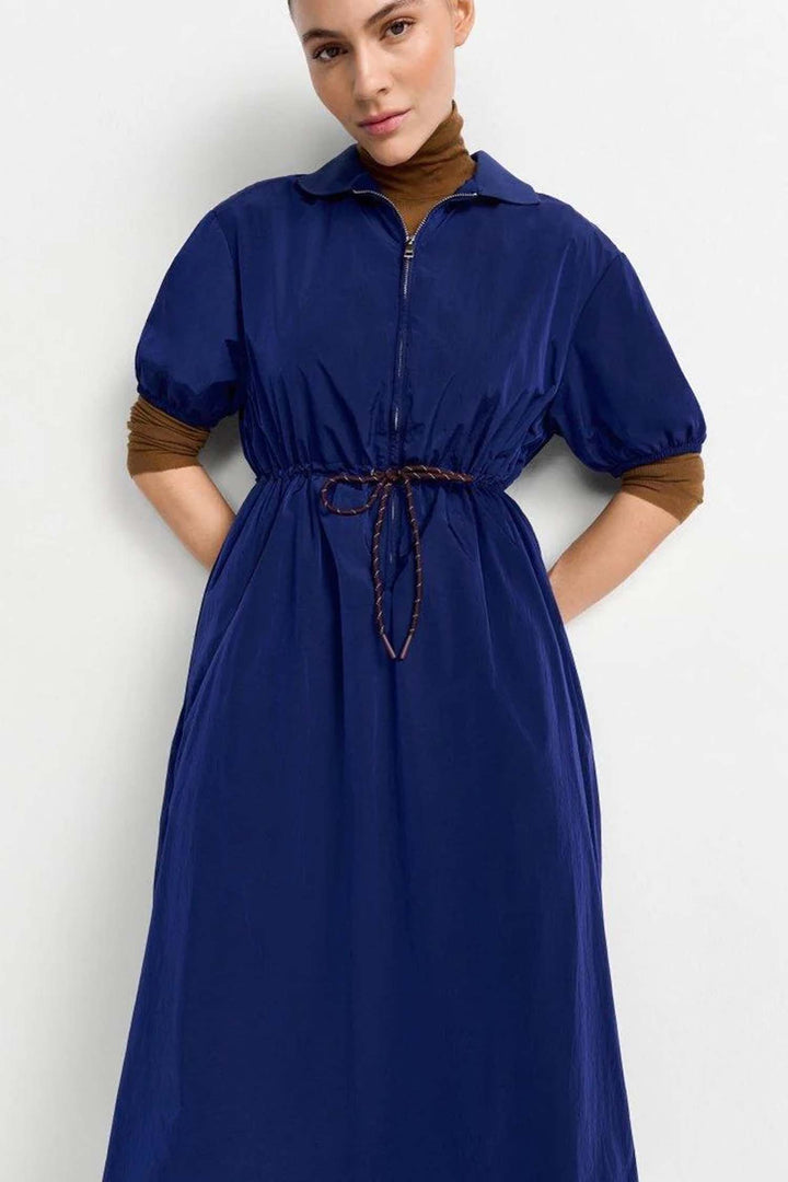 Midi Dress with Drawstring Waist in Midnight Blue