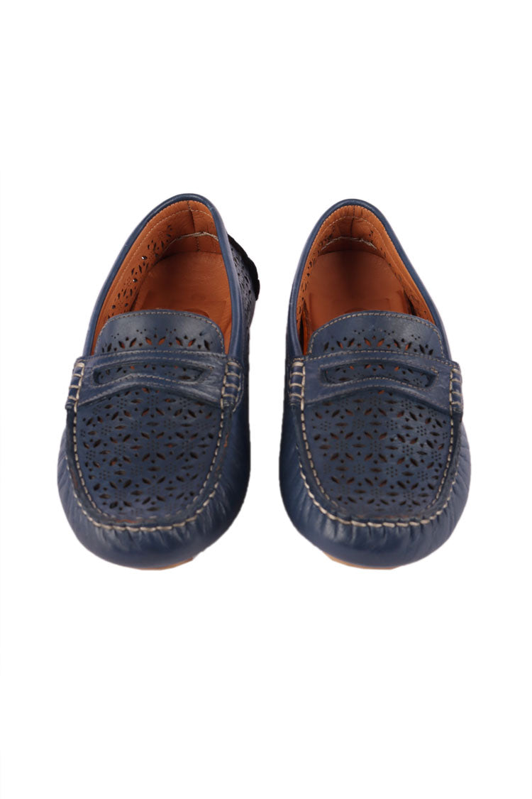 Mimi Laser-cut Leather Loafers in Navy