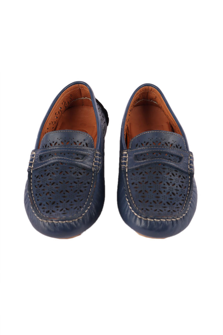 Mimi Laser-cut Leather Loafers in Navy