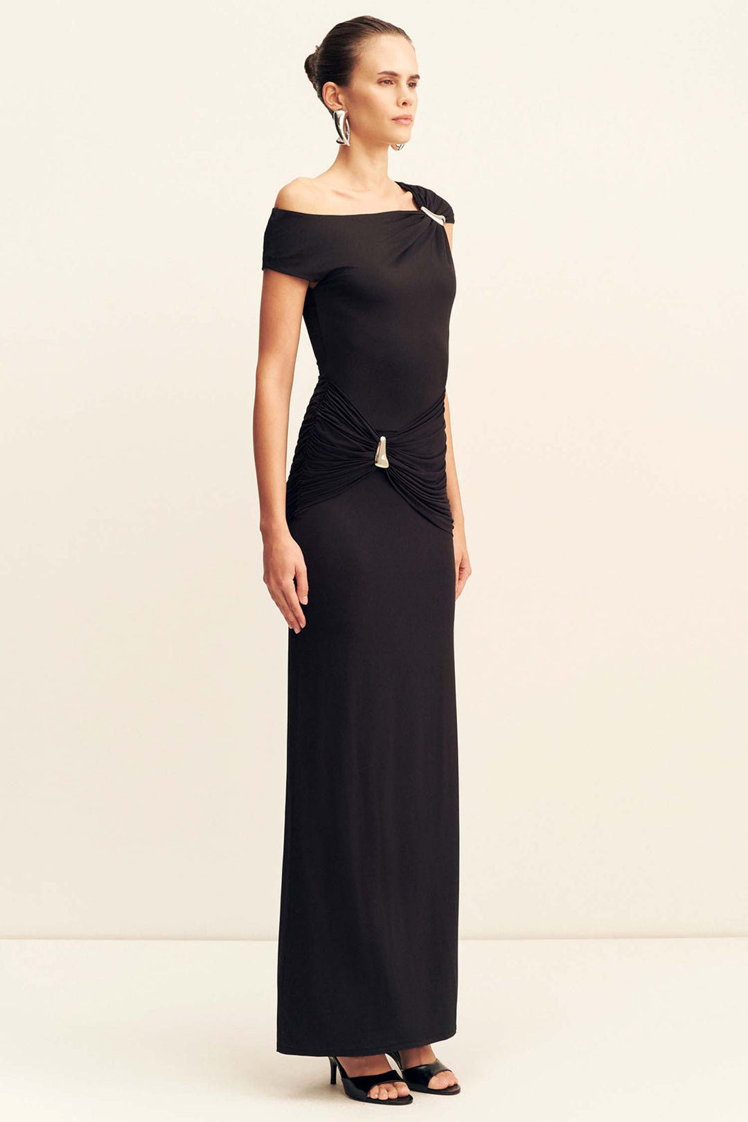 Miro Asymmetrical Gathered Maxi Dress in Black