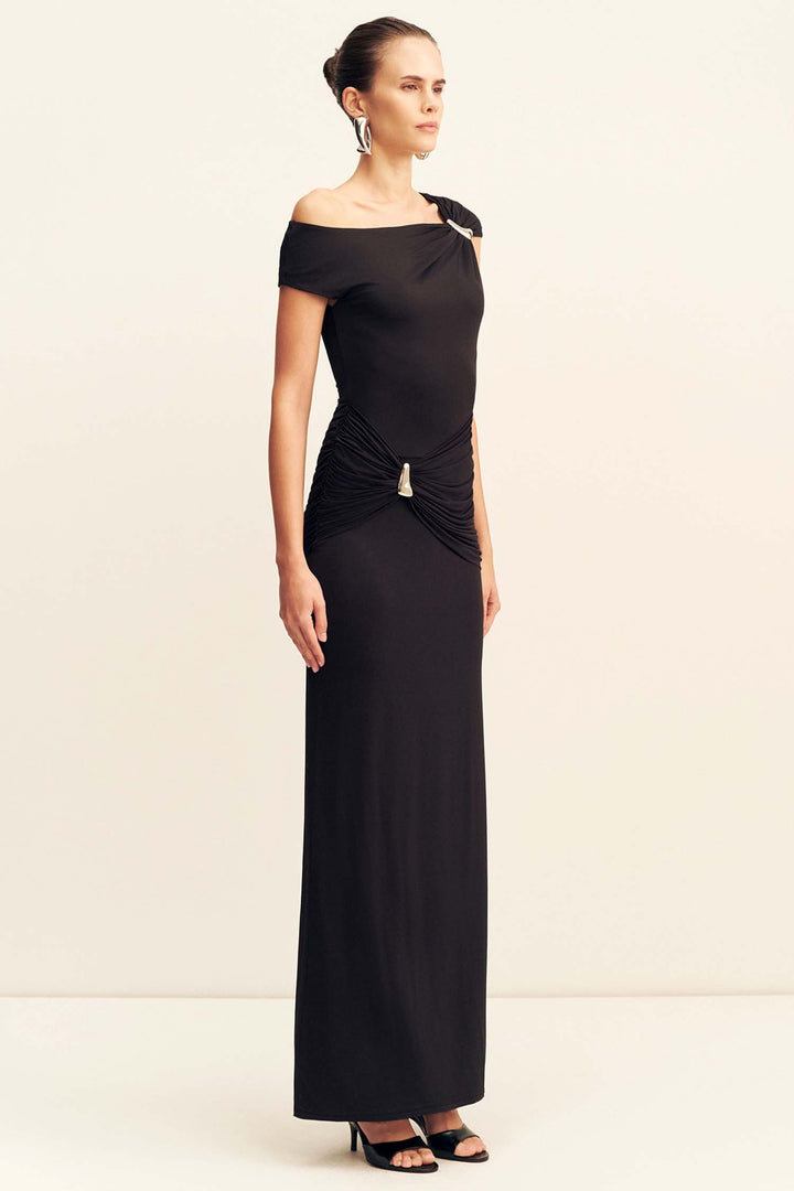 Miro Asymmetrical Gathered Maxi Dress in Black