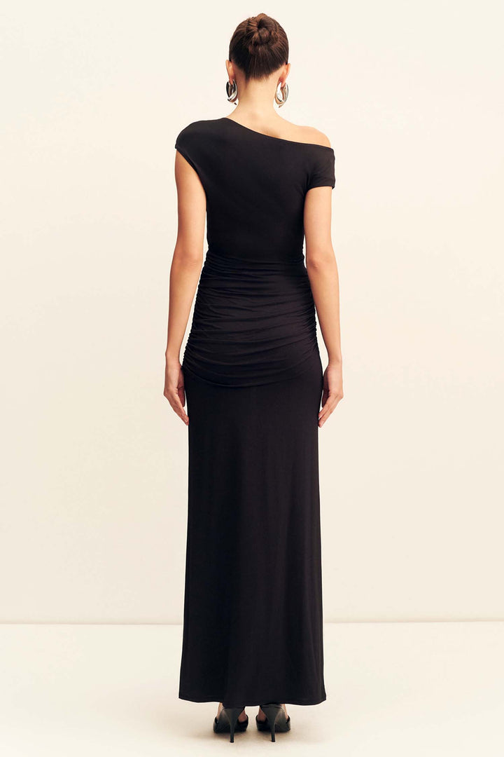 Miro Asymmetrical Gathered Maxi Dress in Black