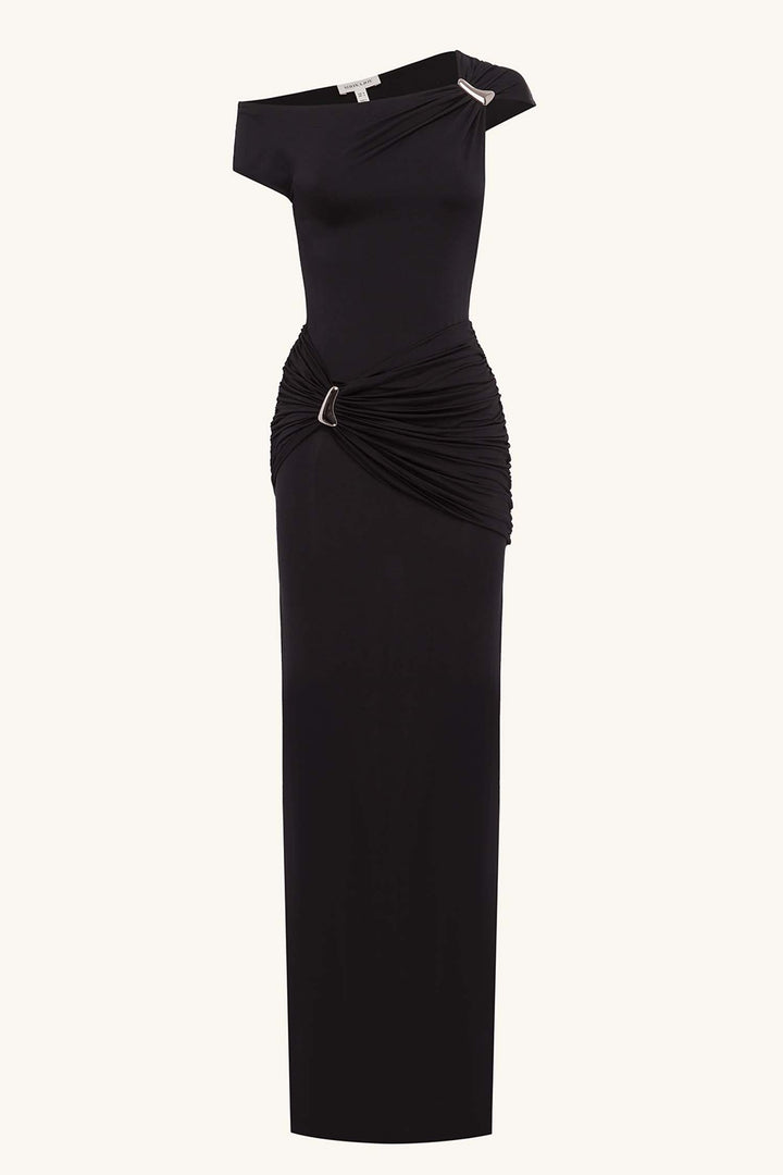 Miro Asymmetrical Gathered Maxi Dress in Black