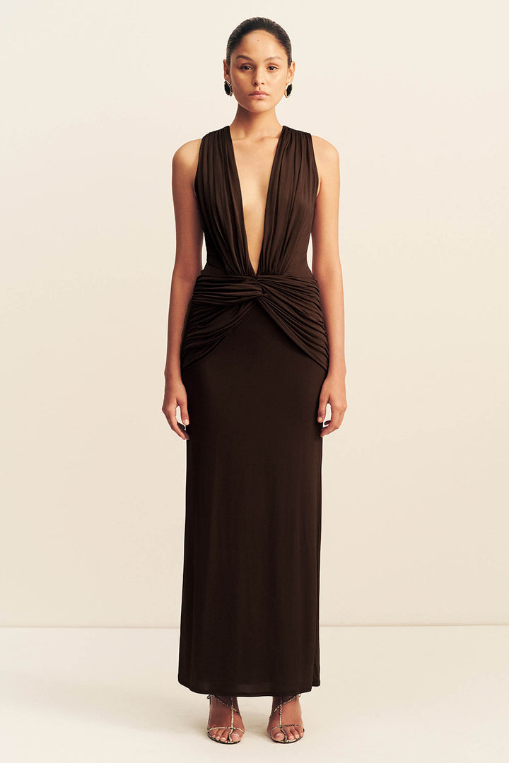 Miro Sleeveless Plunged Maxi Dress in Ristretto