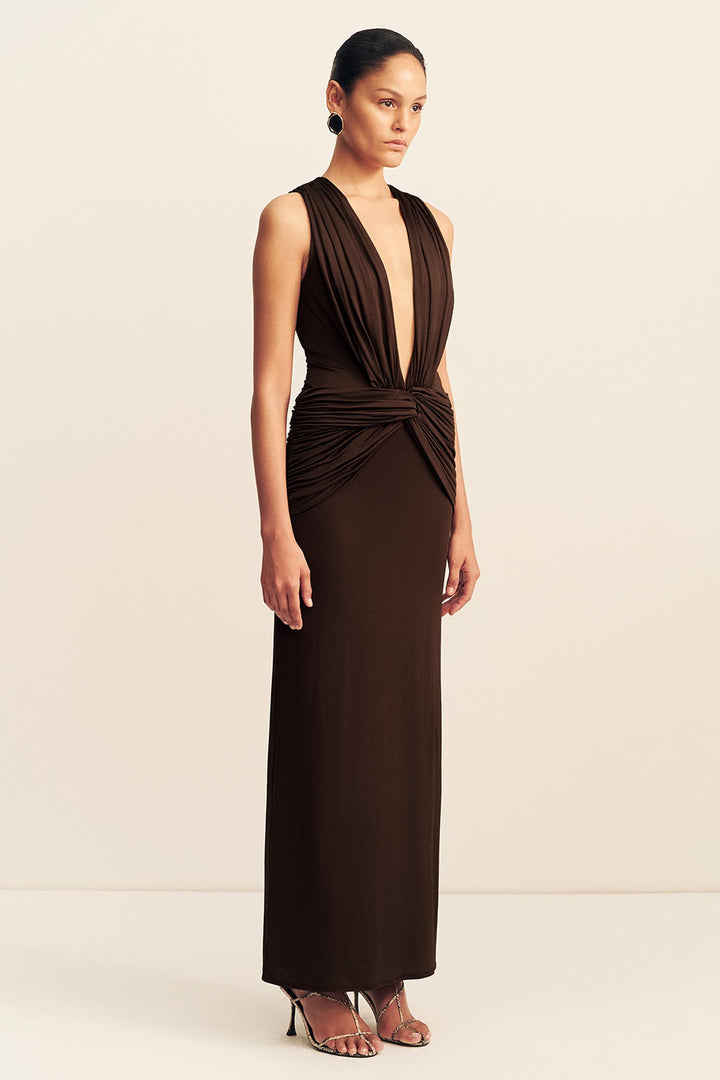 Miro Sleeveless Plunged Maxi Dress in Ristretto