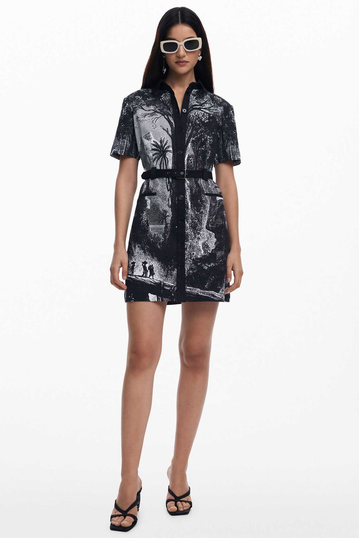 Monochrome Lithograph Print Mini Dress