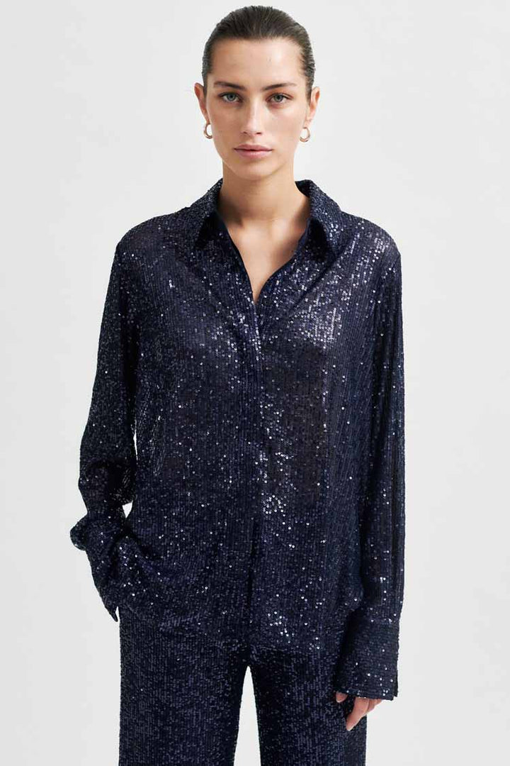 Moonshine Slim Fit Sequin Shirt in Night Sky