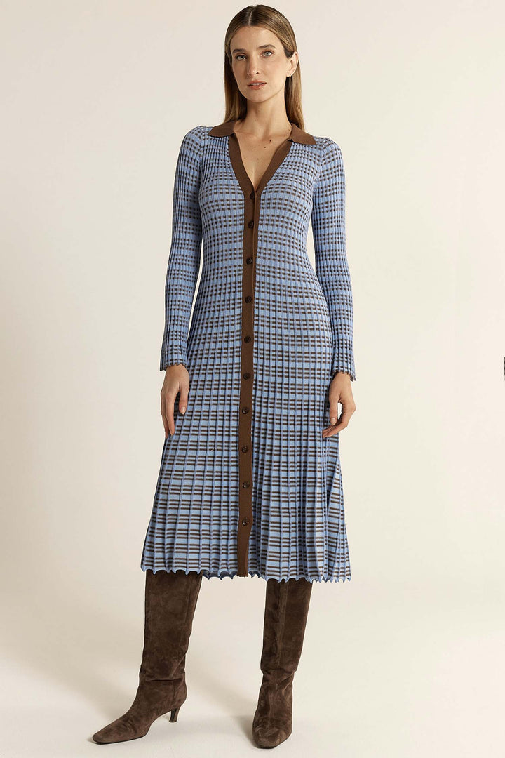 Nesta Check Knit Dress in Blue/Chocolate