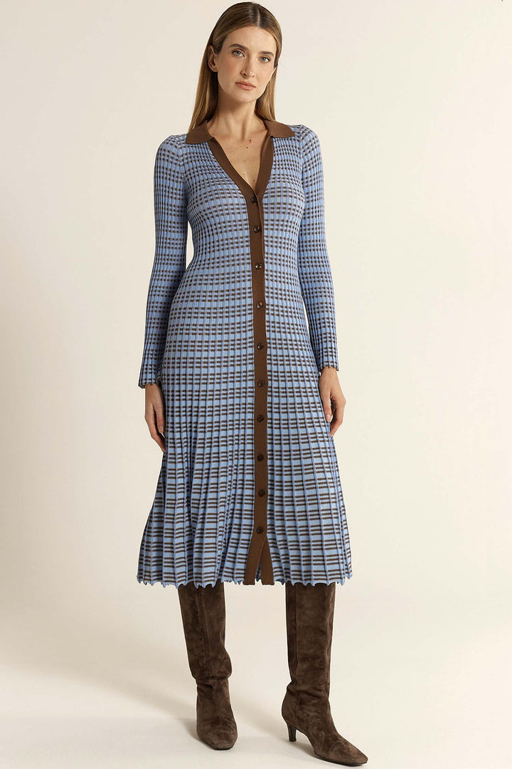Nesta Check Knit Dress in Blue/Chocolate