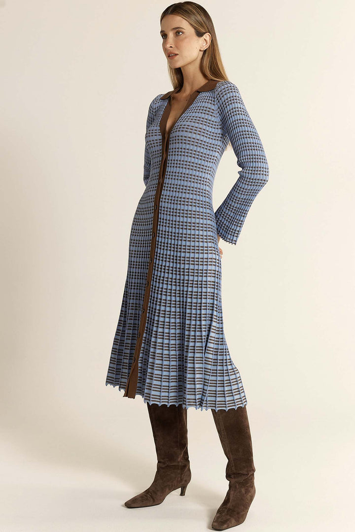 Nesta Check Knit Dress in Blue/Chocolate