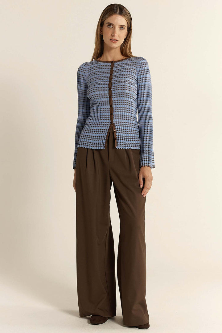 Nesta Check Knit Top in Blue/Chocolate