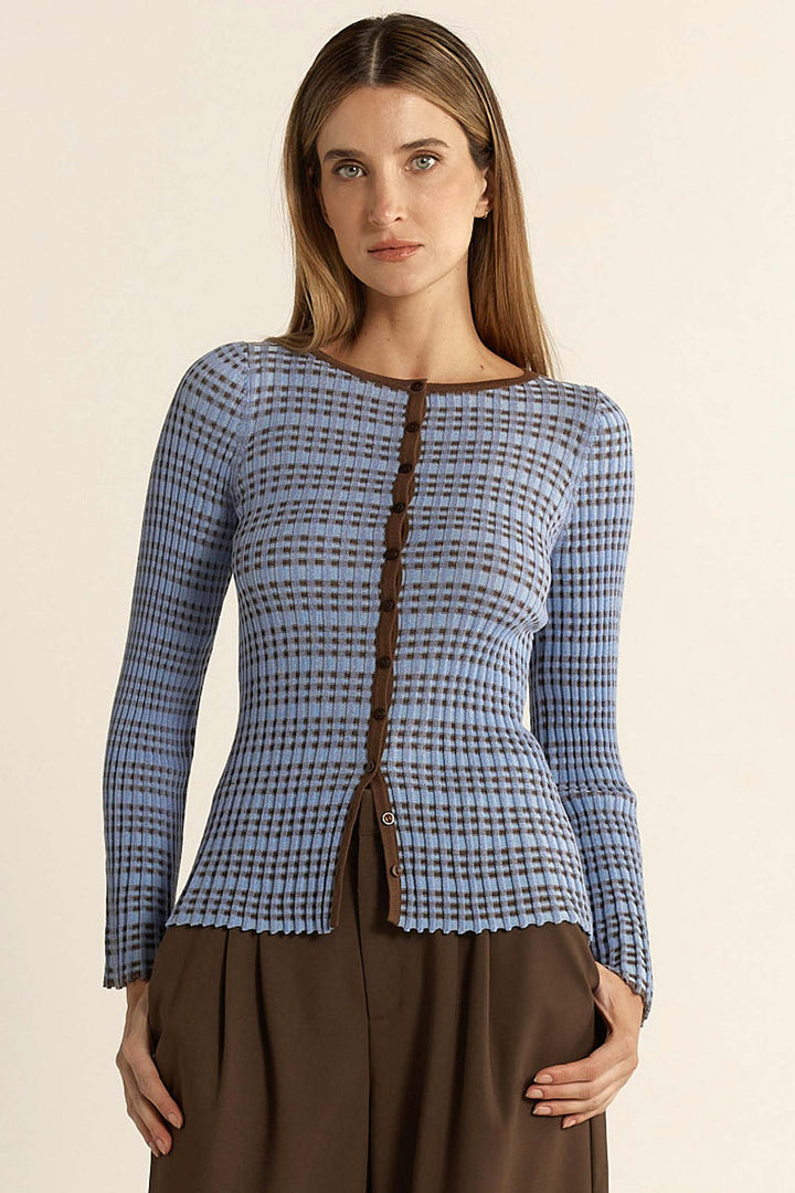 Nesta Check Knit Top in Blue/Chocolate