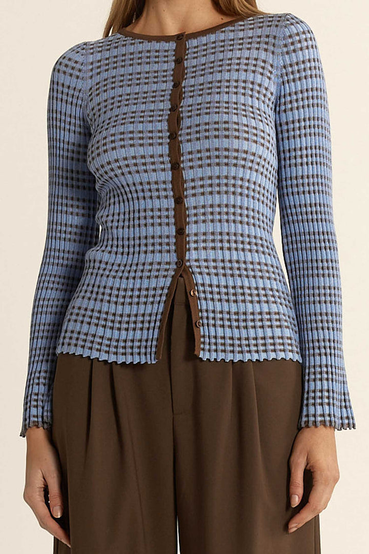 Nesta Check Knit Top in Blue/Chocolate