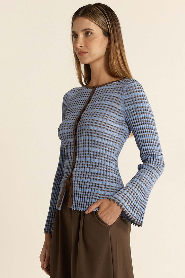 Nesta Check Knit Top in Blue/Chocolate