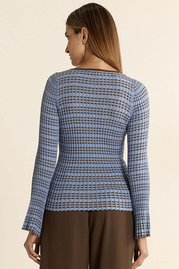 Nesta Check Knit Top in Blue/Chocolate