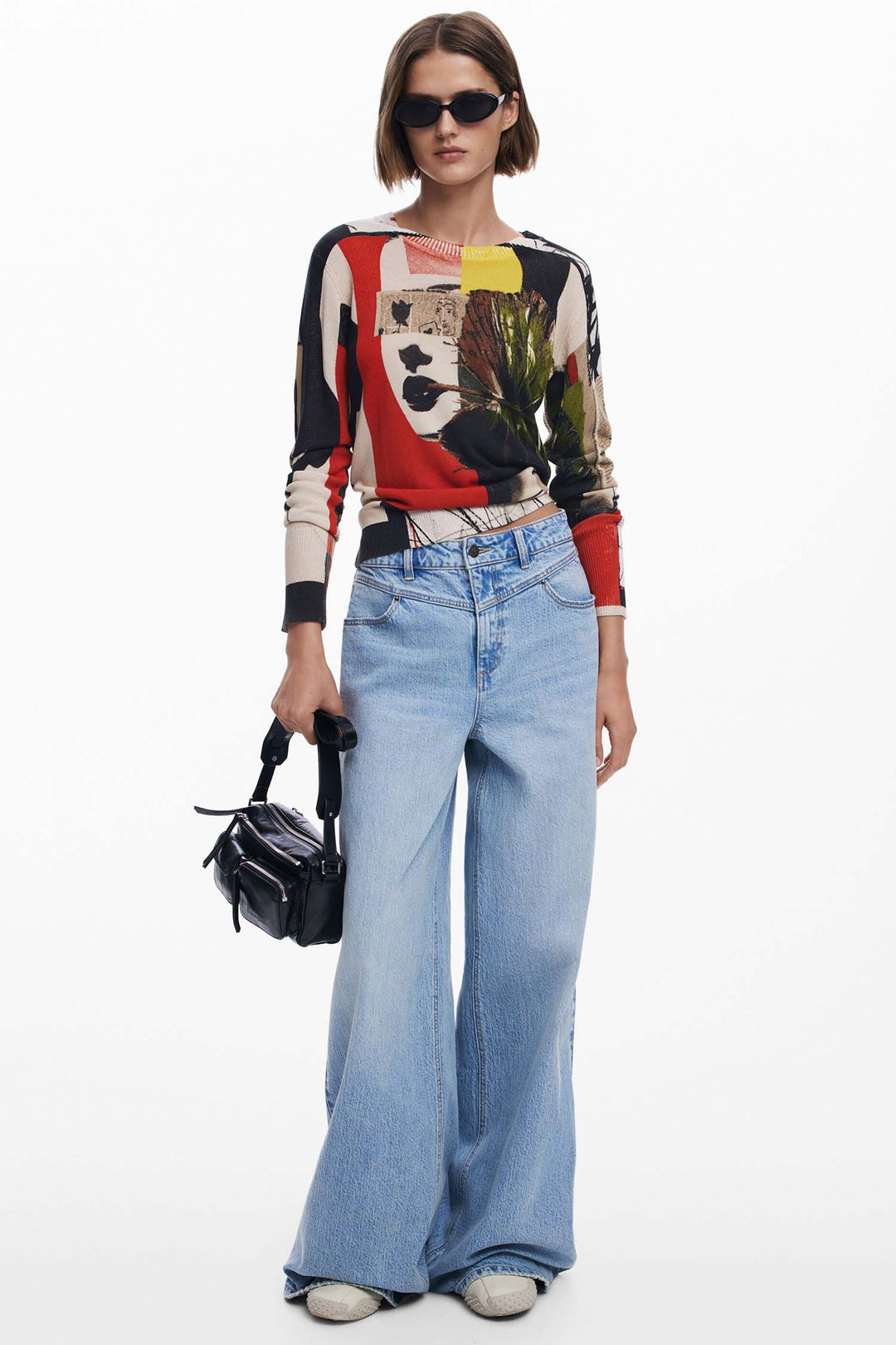 Newspaper Collage Print Fine Knit Sweater