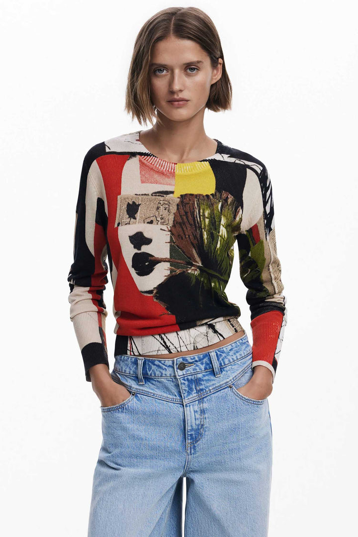 Newspaper Collage Print Fine Knit Sweater