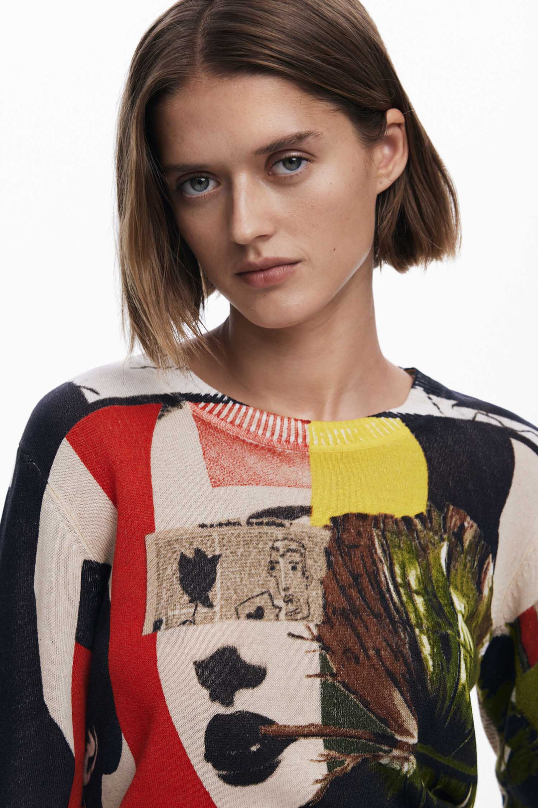 Newspaper Collage Print Fine Knit Sweater