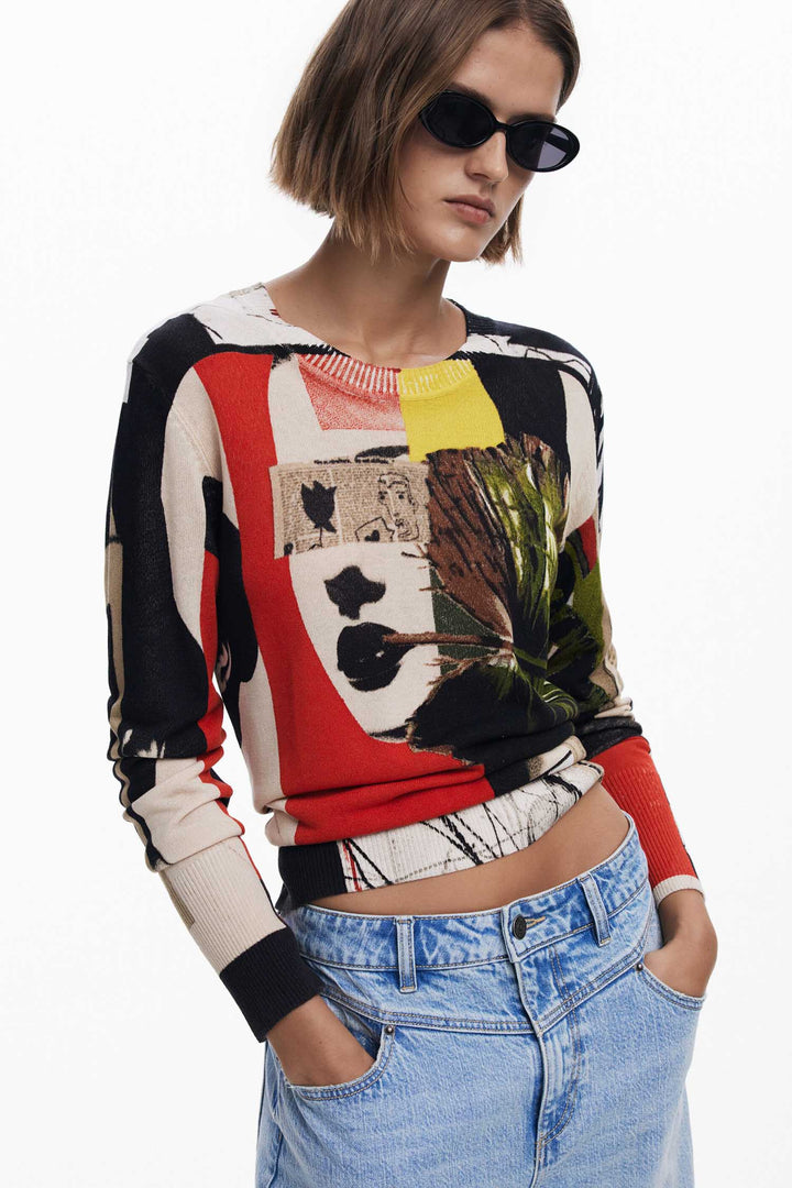 Newspaper Collage Print Fine Knit Sweater