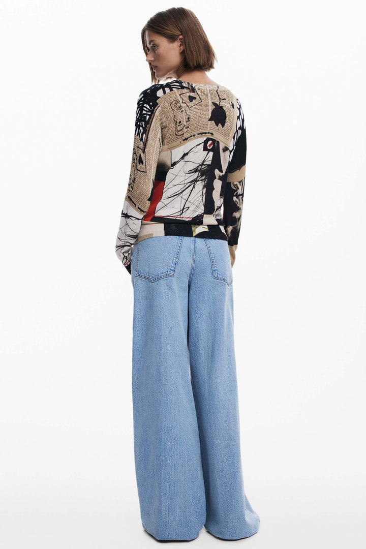 Newspaper Collage Print Fine Knit Sweater
