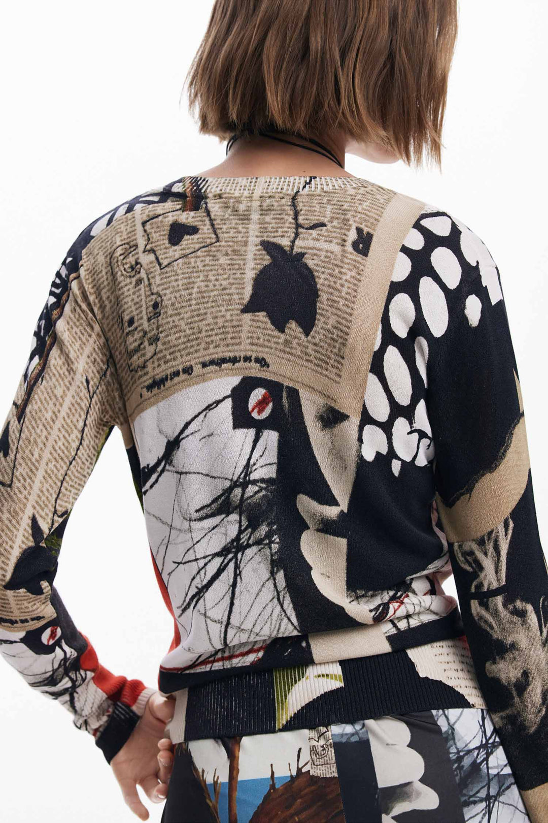 Newspaper Collage Print Fine Knit Sweater