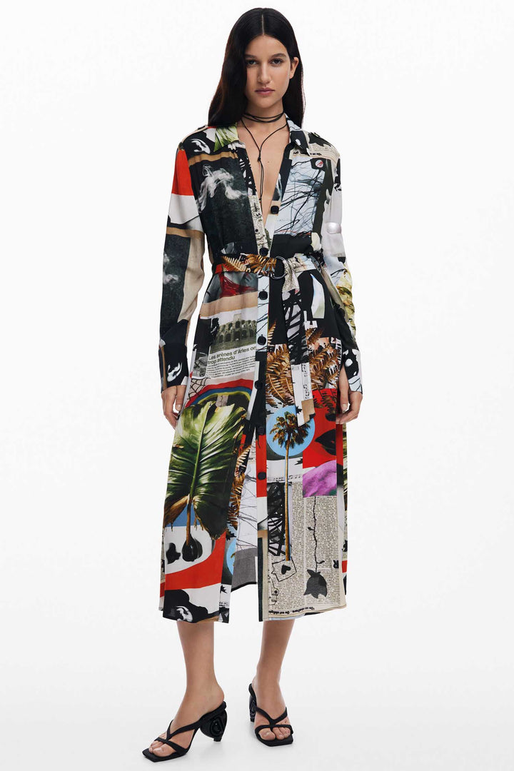 Newspaper Collage Print Midi Crepe Shirtdress