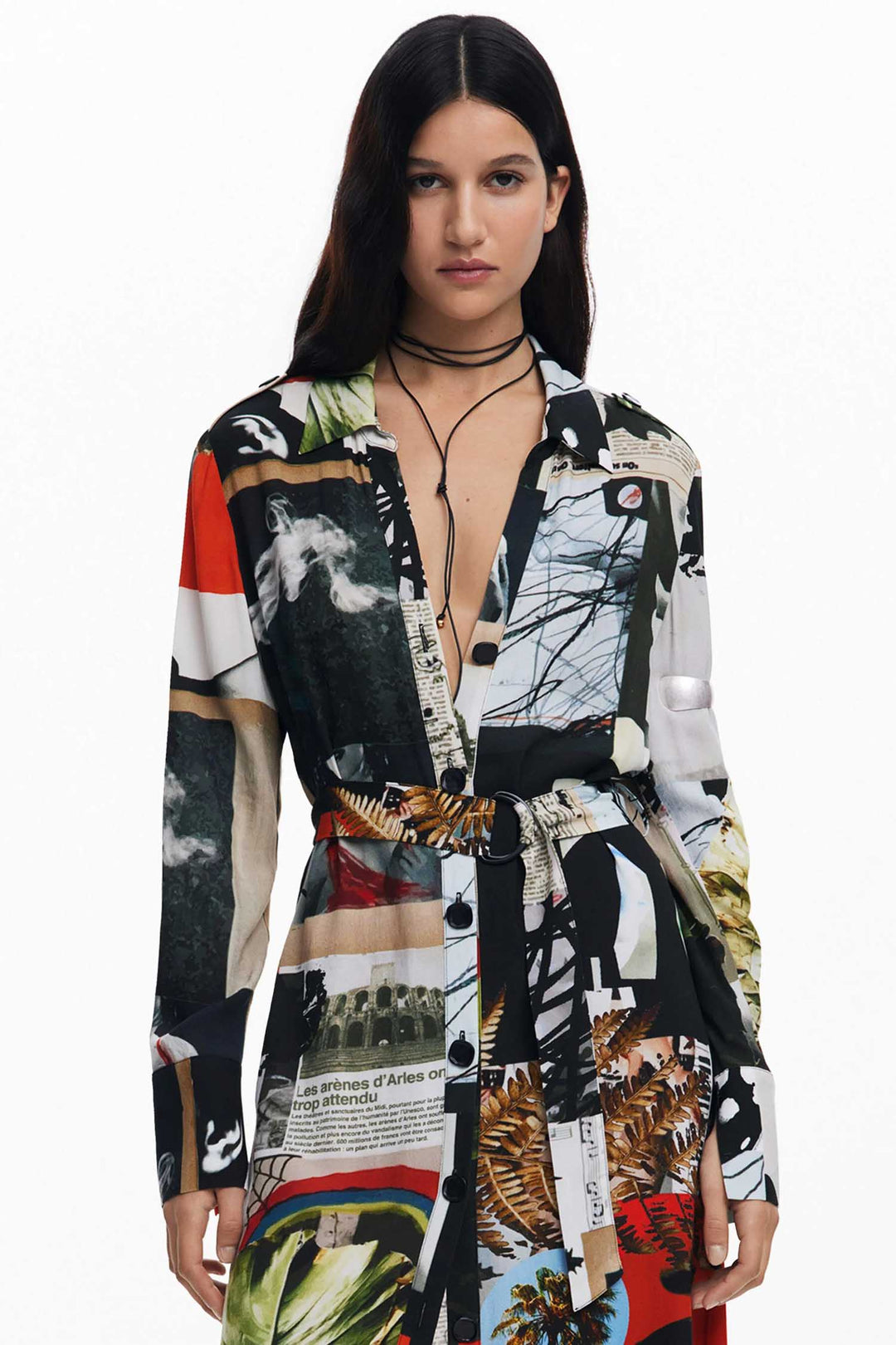 Newspaper Collage Print Midi Crepe Shirtdress