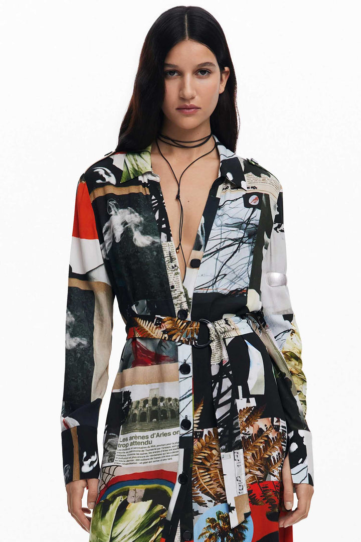 Newspaper Collage Print Midi Crepe Shirtdress