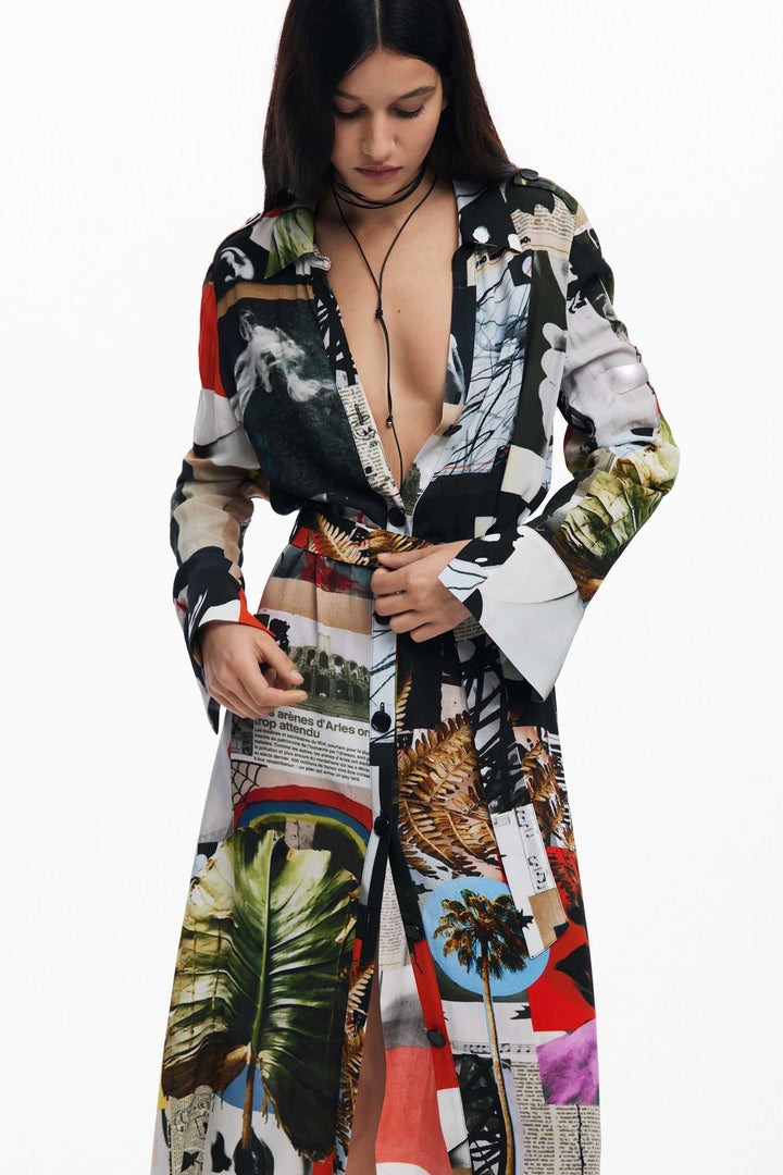 Newspaper Collage Print Midi Crepe Shirtdress