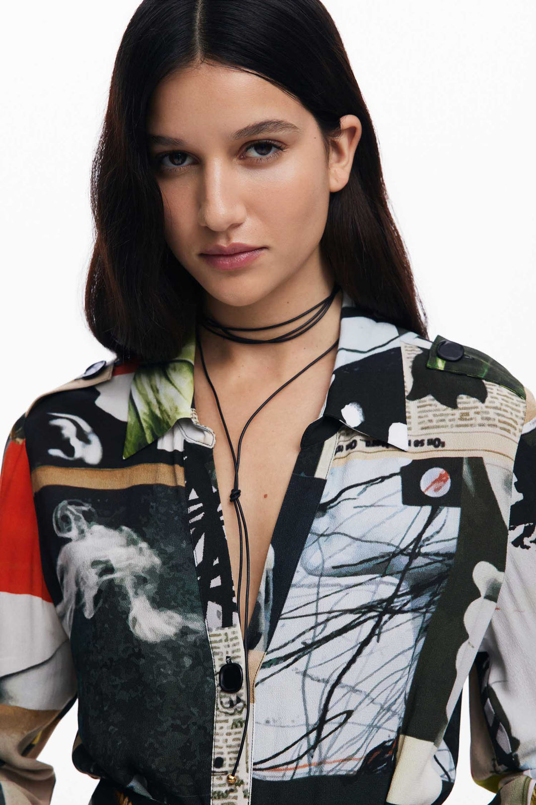 Newspaper Collage Print Midi Crepe Shirtdress