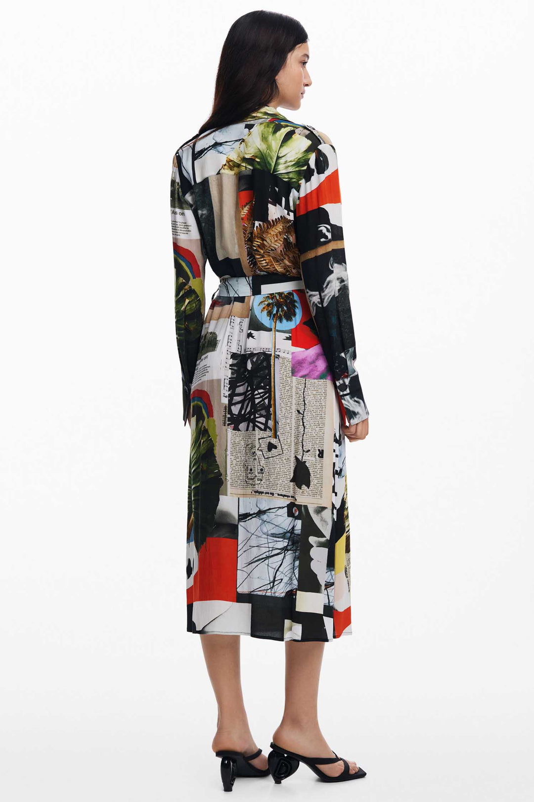 Newspaper Collage Print Midi Crepe Shirtdress