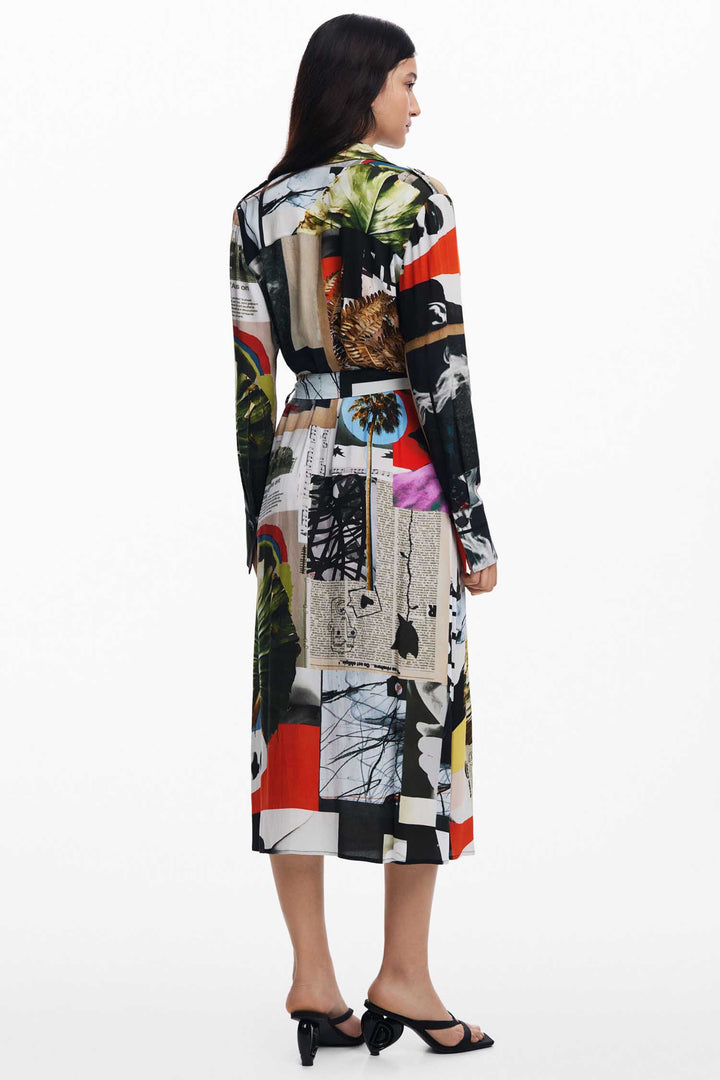 Newspaper Collage Print Midi Crepe Shirtdress