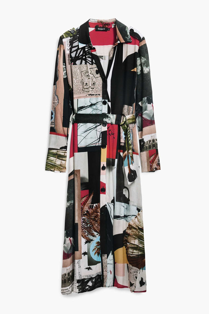 Newspaper Collage Print Midi Crepe Shirtdress