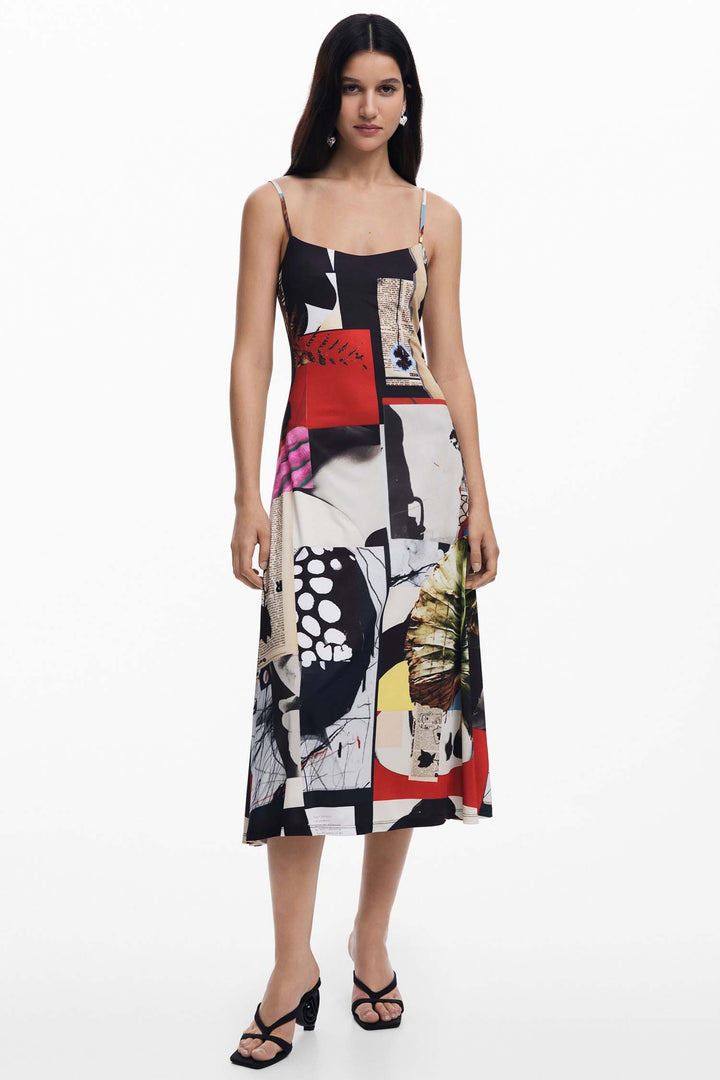 Newspaper Collage Print Strap Midi Dress
