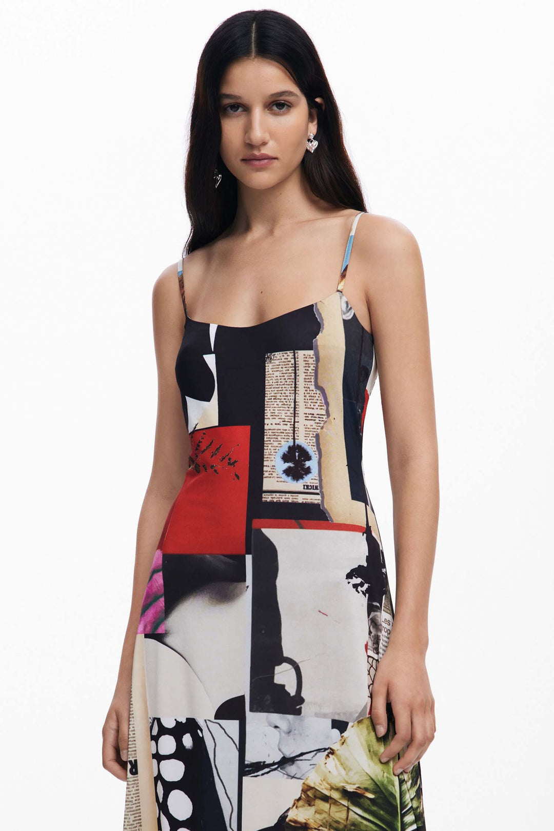 Newspaper Collage Print Strap Midi Dress