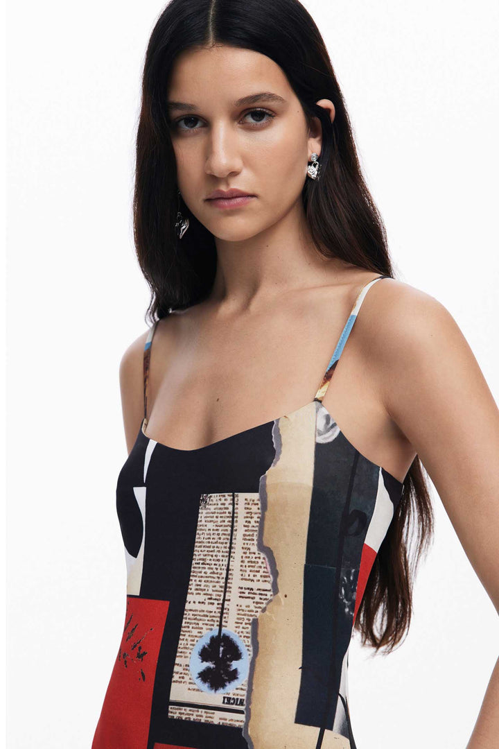 Newspaper Collage Print Strap Midi Dress