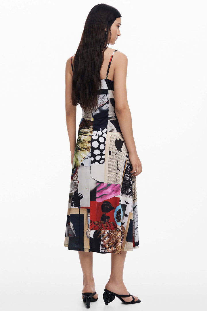Newspaper Collage Print Strap Midi Dress
