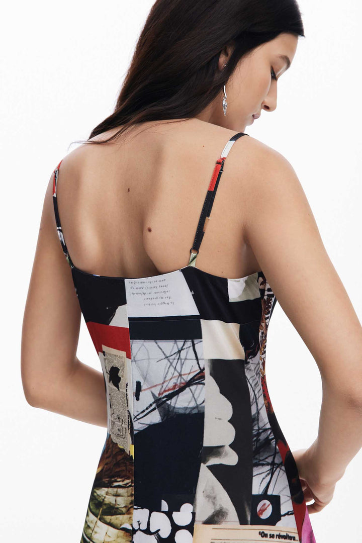 Newspaper Collage Print Strap Midi Dress