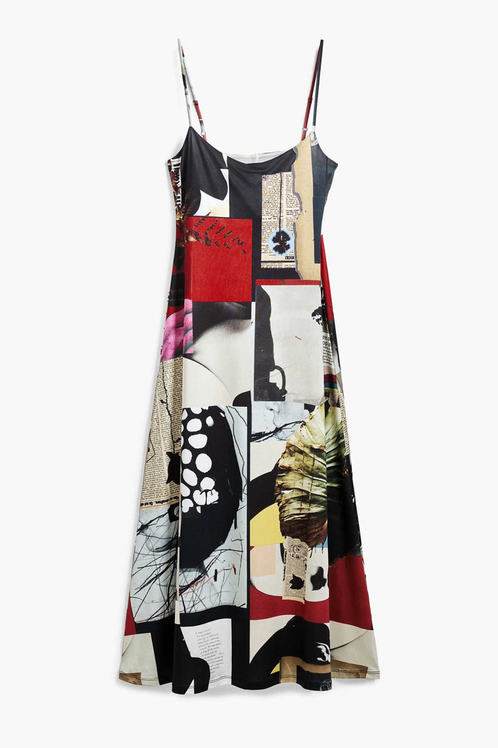 Newspaper Collage Print Strap Midi Dress