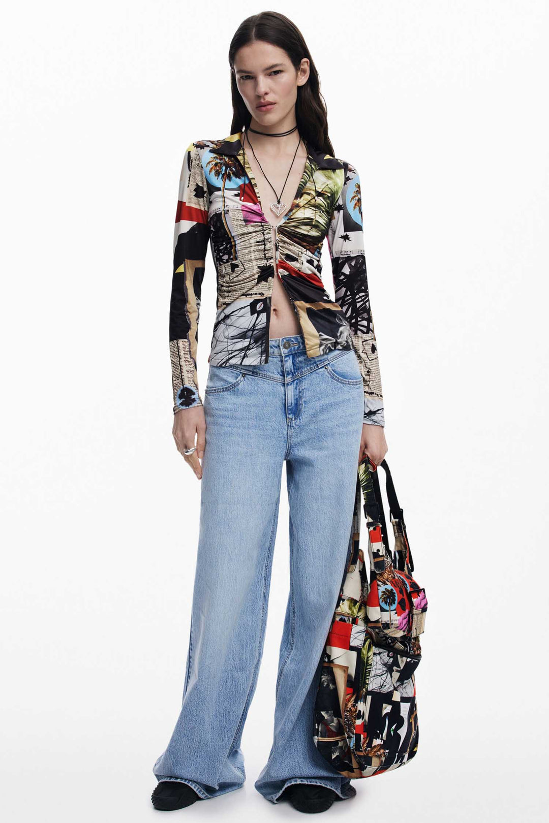 Newspaper Collage Print Tulle T-shirt