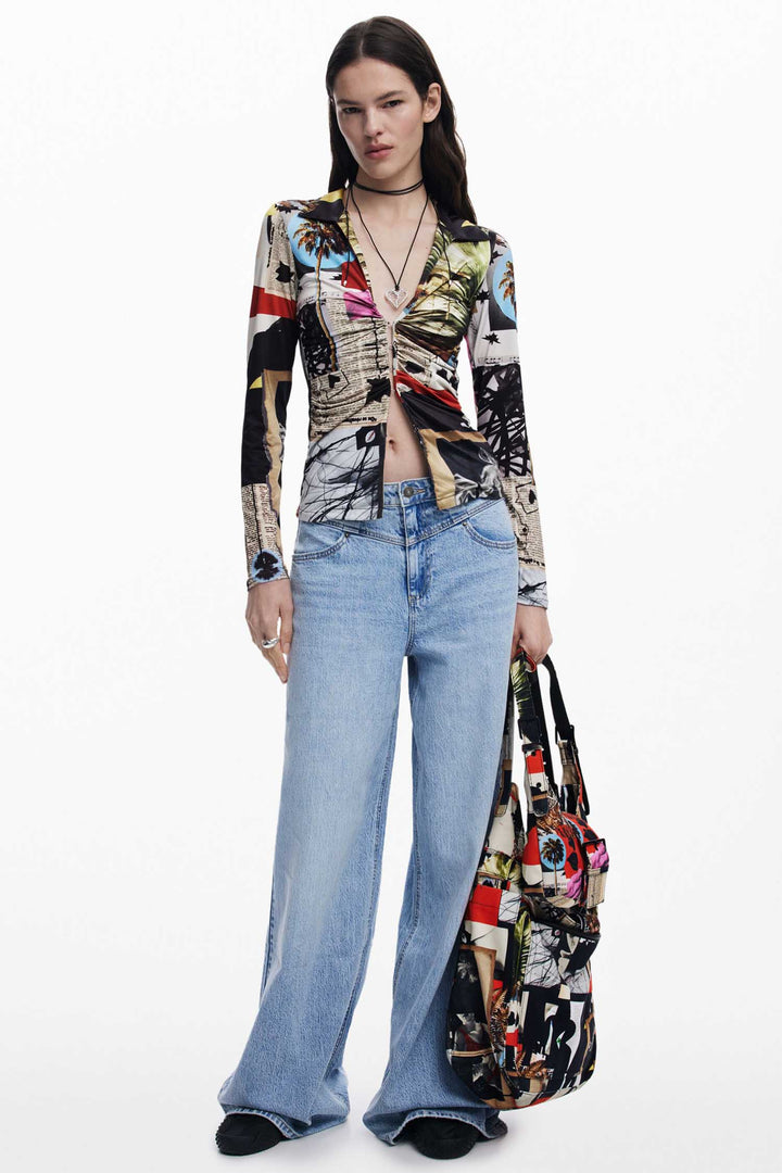 Newspaper Collage Print Tulle T-shirt