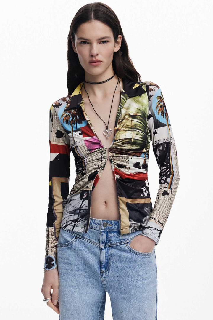 Newspaper Collage Print Tulle T-shirt