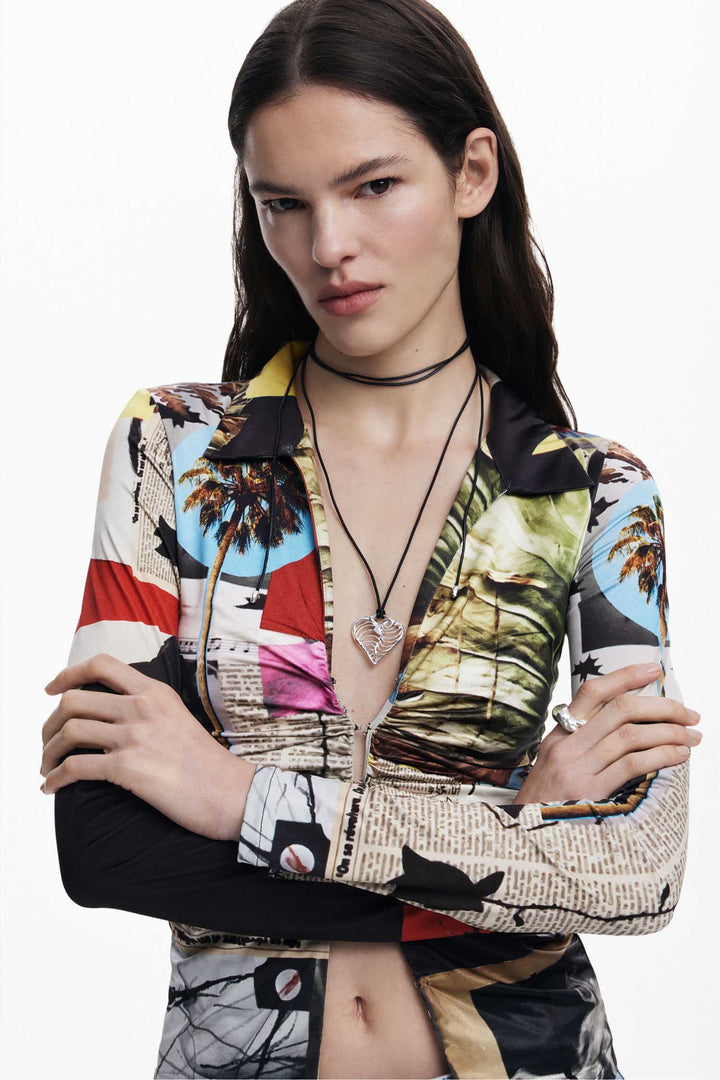 Newspaper Collage Print Tulle T-shirt