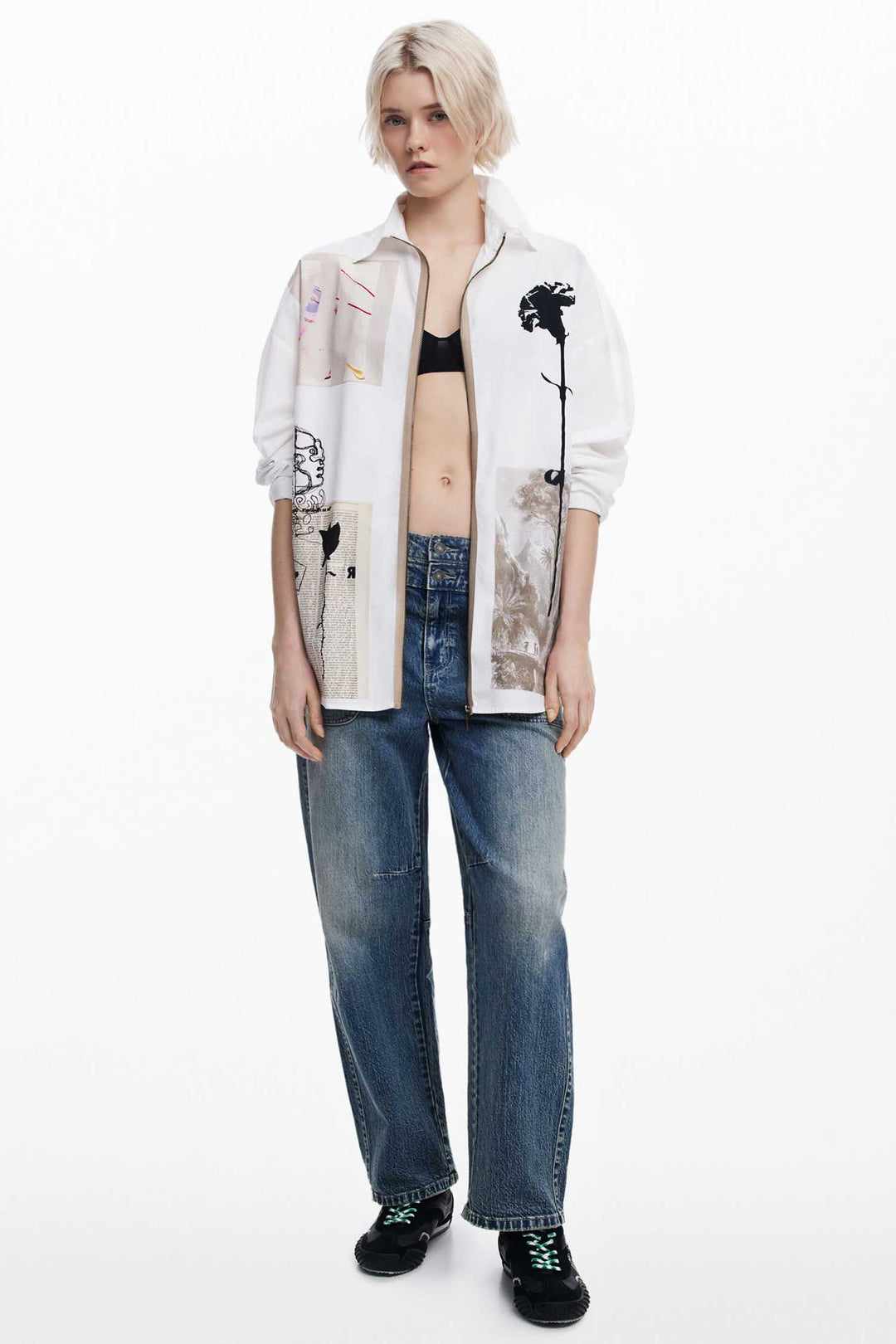 Newspaper Collage Print Zip-Front Shirt