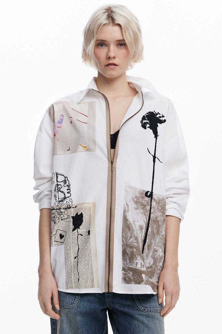 Newspaper Collage Print Zip-Front Shirt