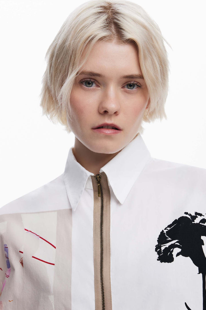 Newspaper Collage Print Zip-Front Shirt